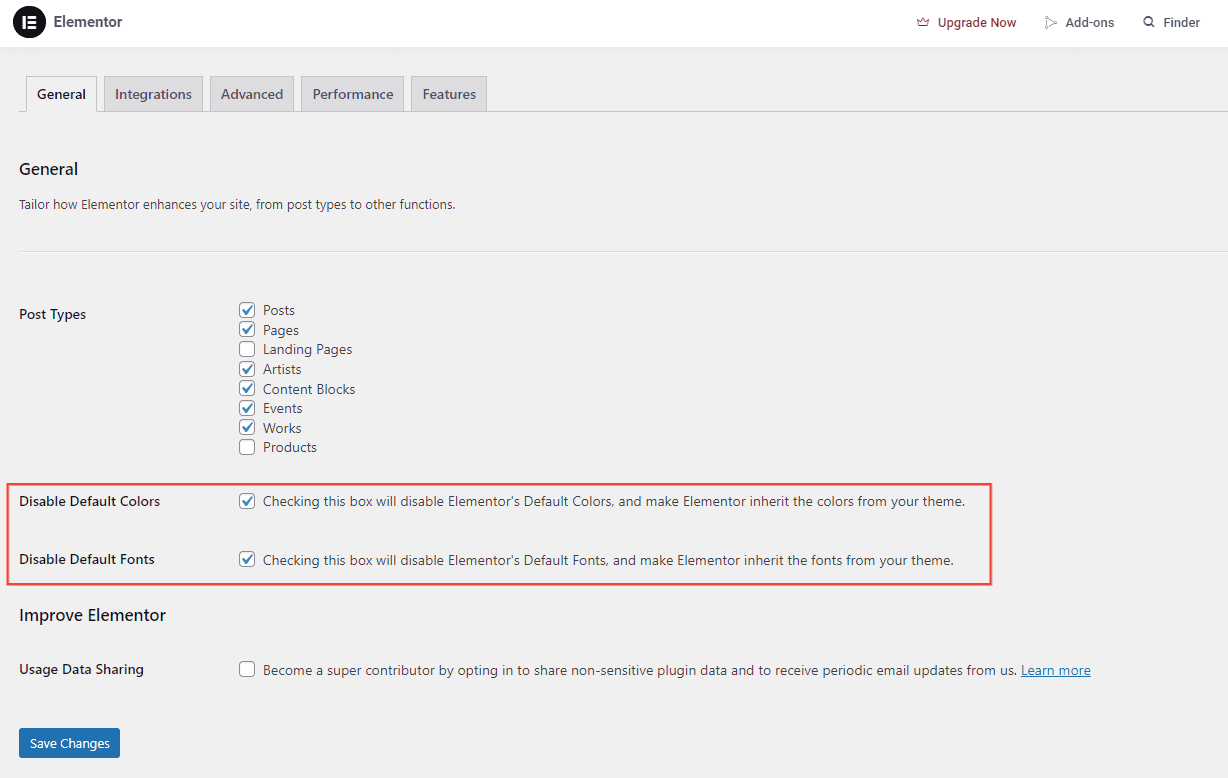 Elementor General Settings