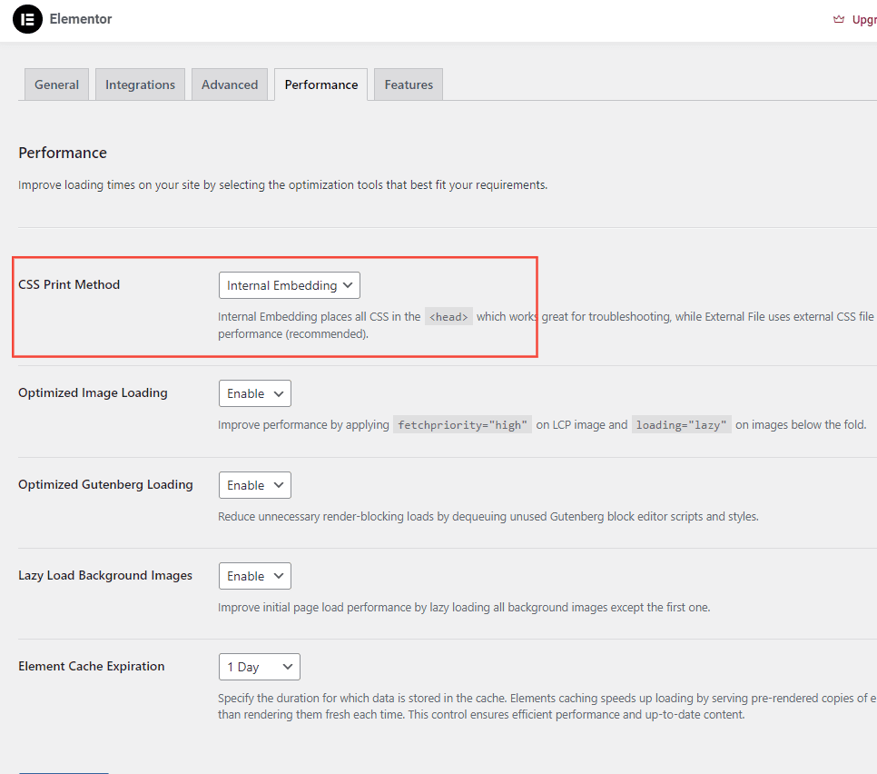 Elementor Performance Settings